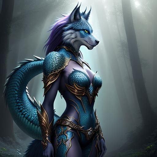Dragon Wolf Hybrid in a Twilight Forest