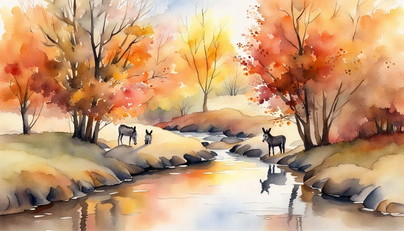 Autumnal Sunset Stream with Donkeys: Watercolour Painting