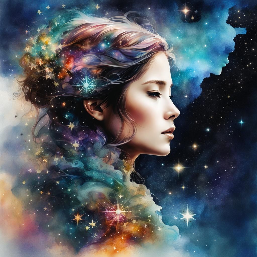 Cosmic Watercolor Silhouette with Stars and Nebulae