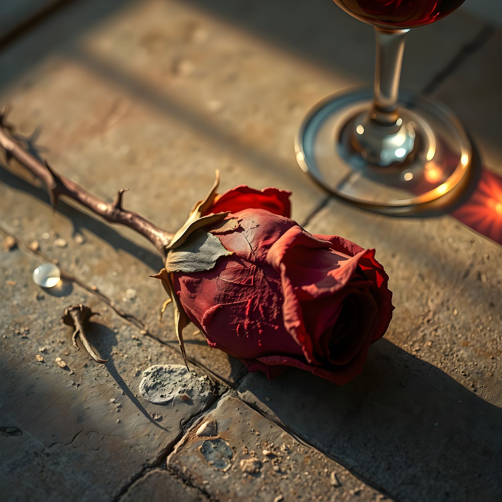 Fantastical Red Rose in Wine Glass Still Life with Intricate...