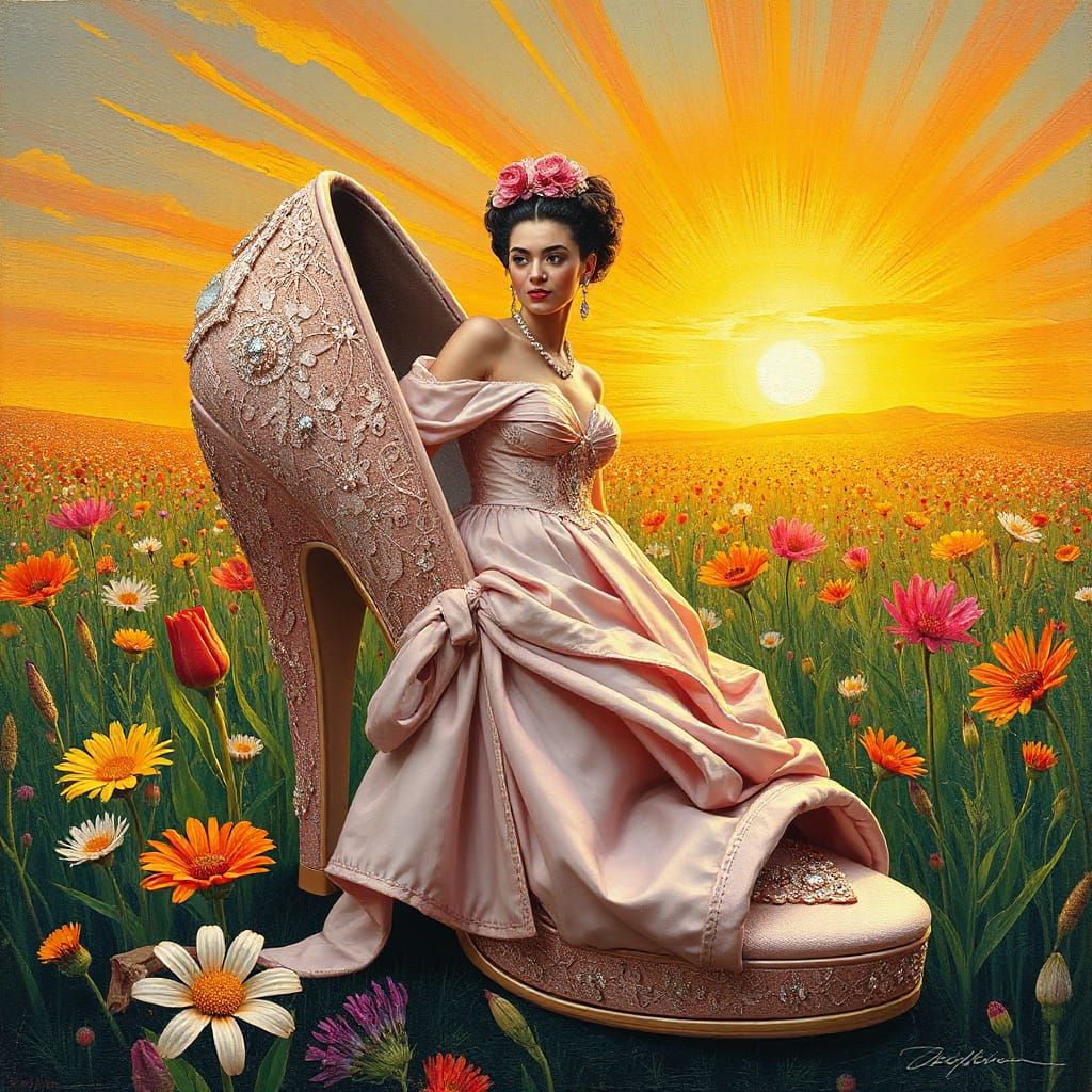 High Heel Portrait in Blooming Meadow, Impasto Style