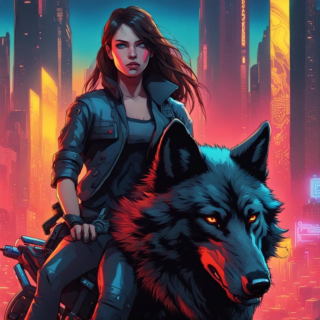 Girl Riding a Black Wolf in Cyberpunk Neon City