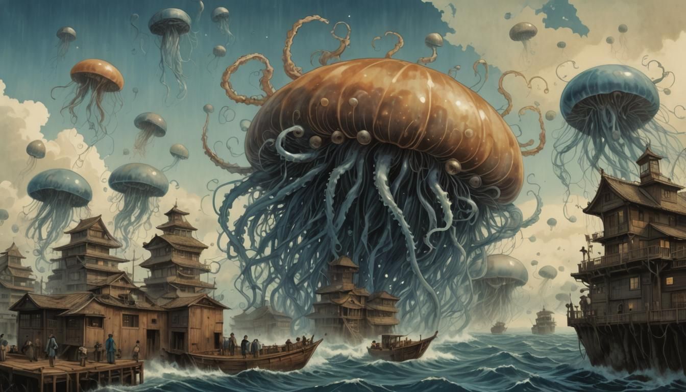 Monstrous Flying Jellyfish Horde in Junji Ito Style
