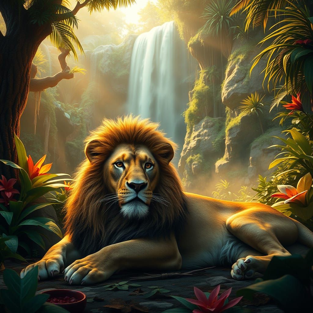 Fantastical Jungle Scene with Lion in Warm Golden Light
