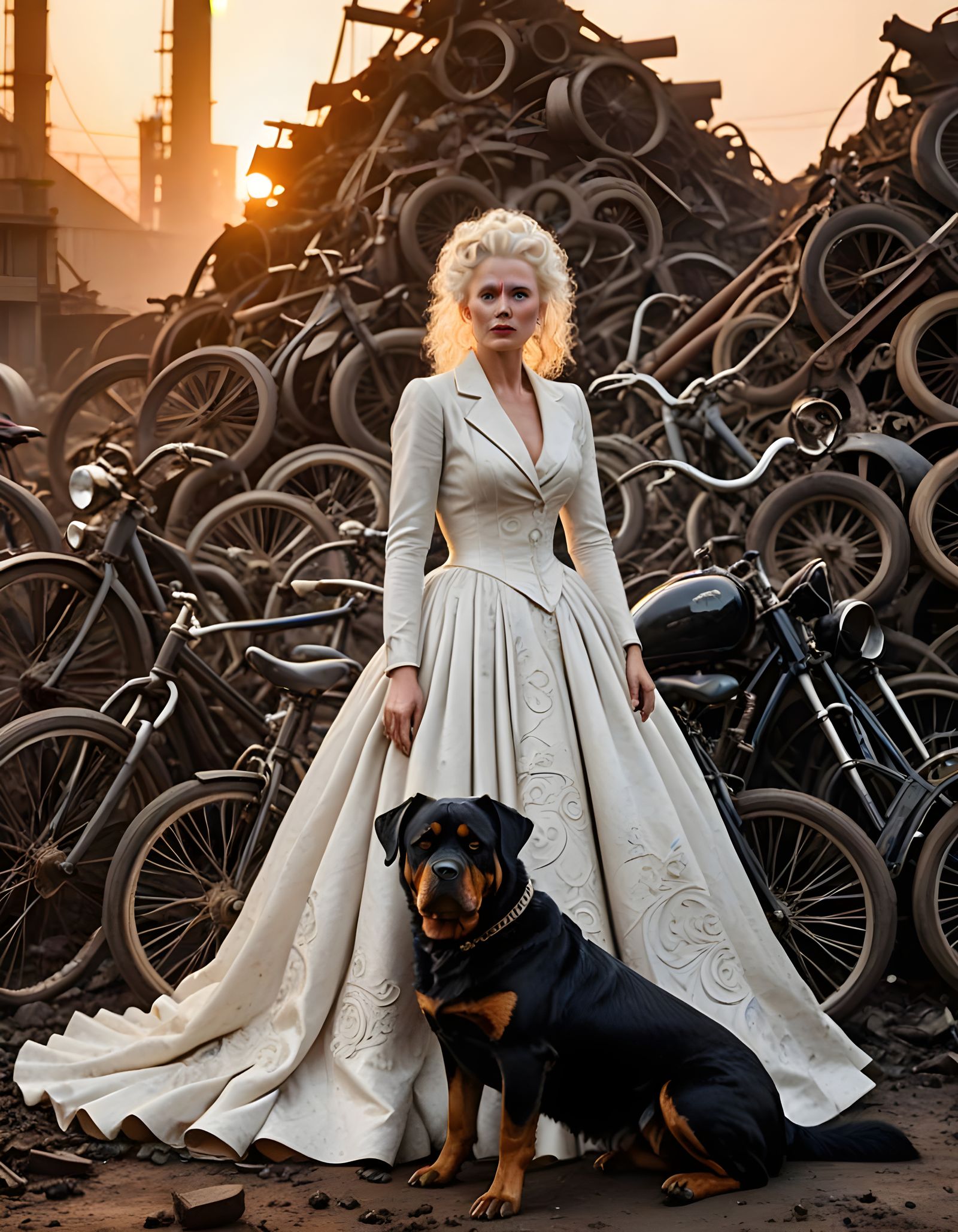 Industrial Sunrise with Albino Woman and Bicycles