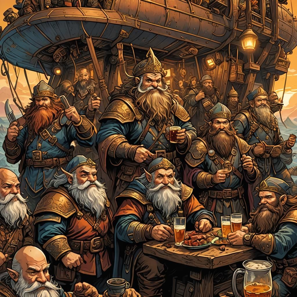 Dwarves Celebrate on Airship, Comic Book Art
