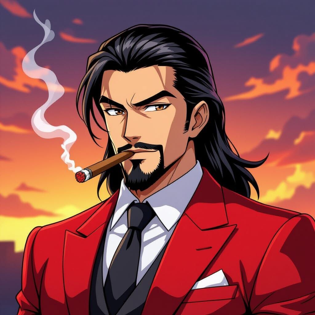 Anime Man in Red Suit with Cigar