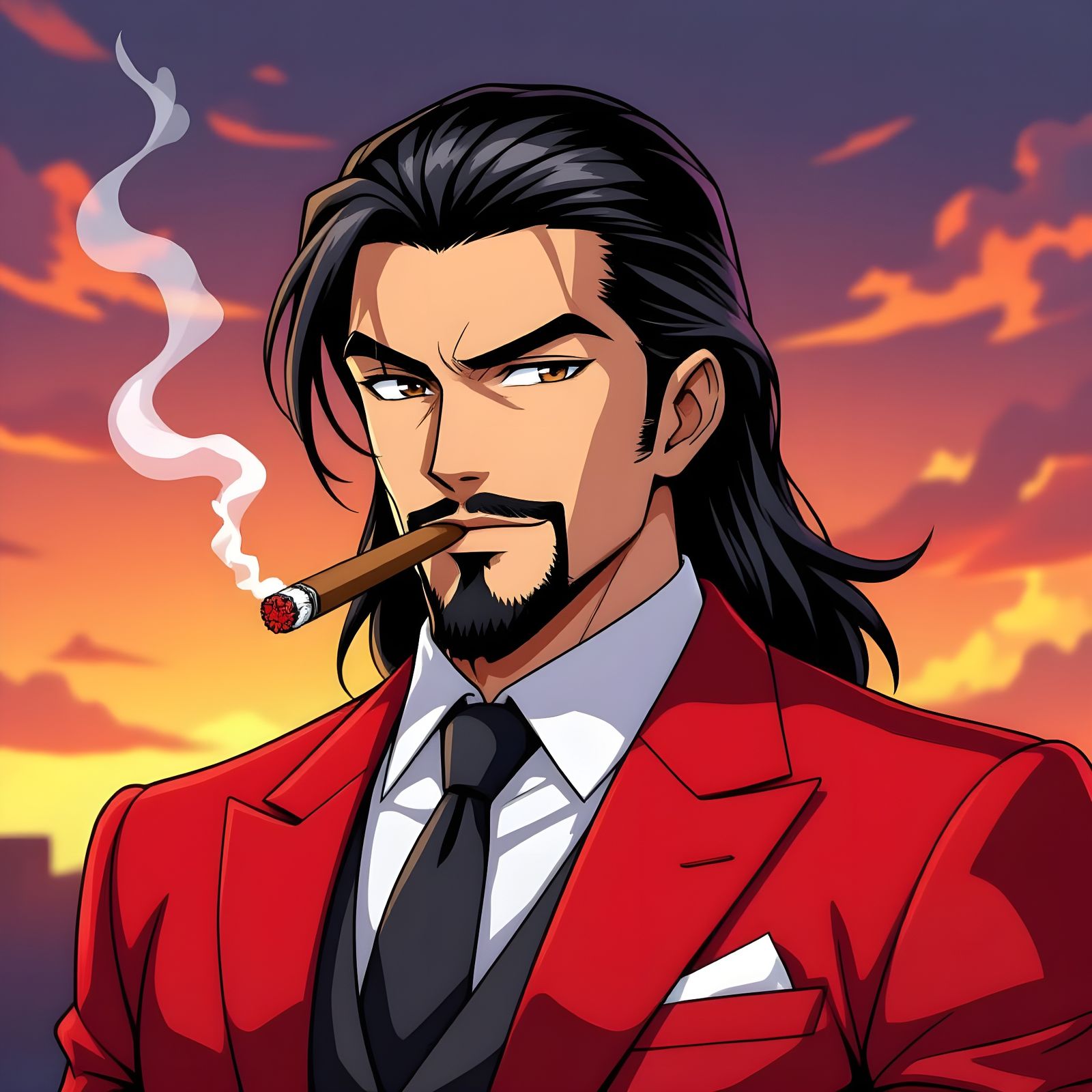 Anime Man in Red Suit with Cigar