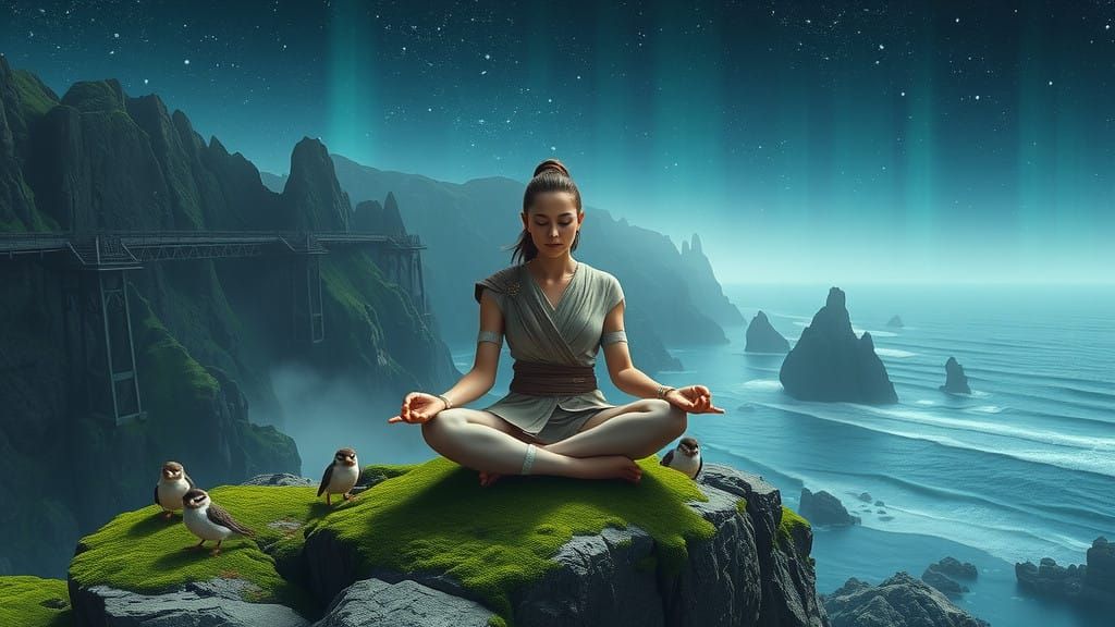 Rey in Lotus Position, Ahch-To Cliffs at Dusk