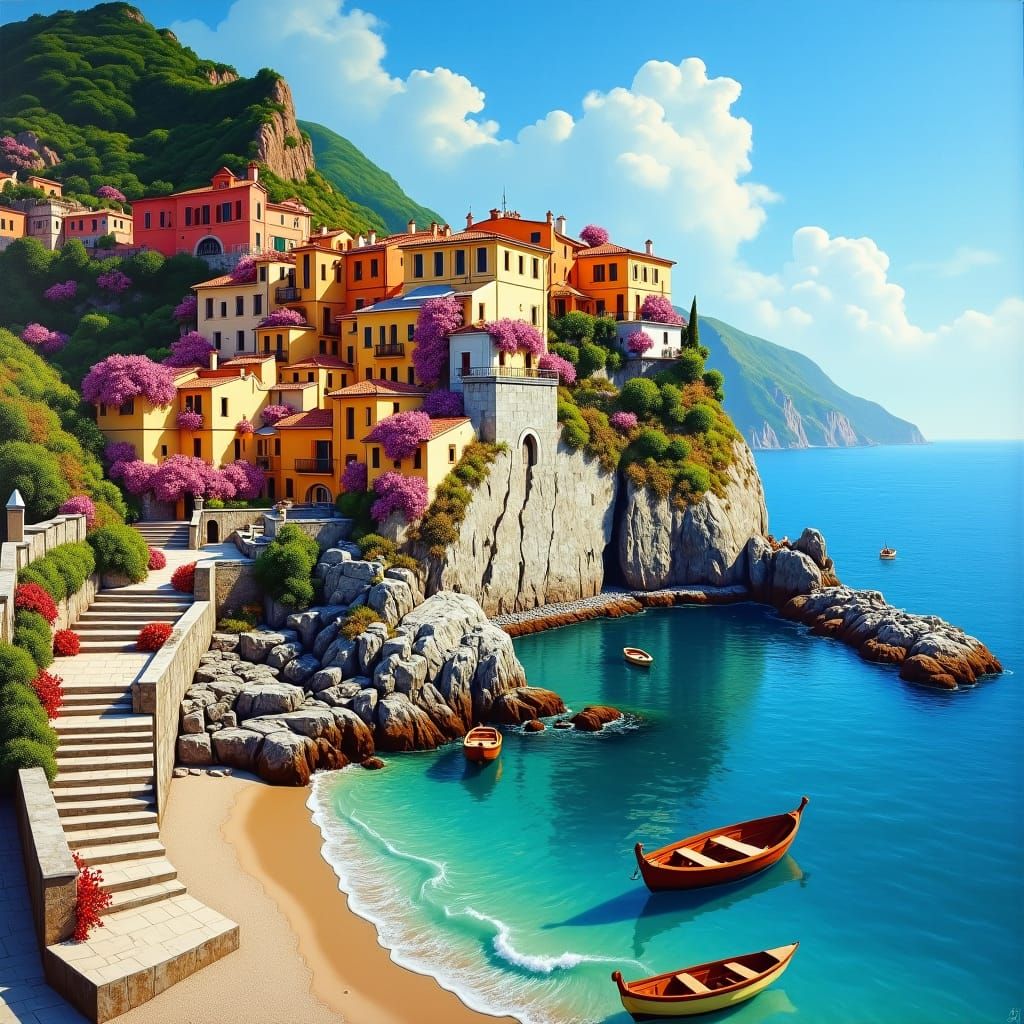 Mediterranean Coastal Village with Azure Sea, Vivid Colors