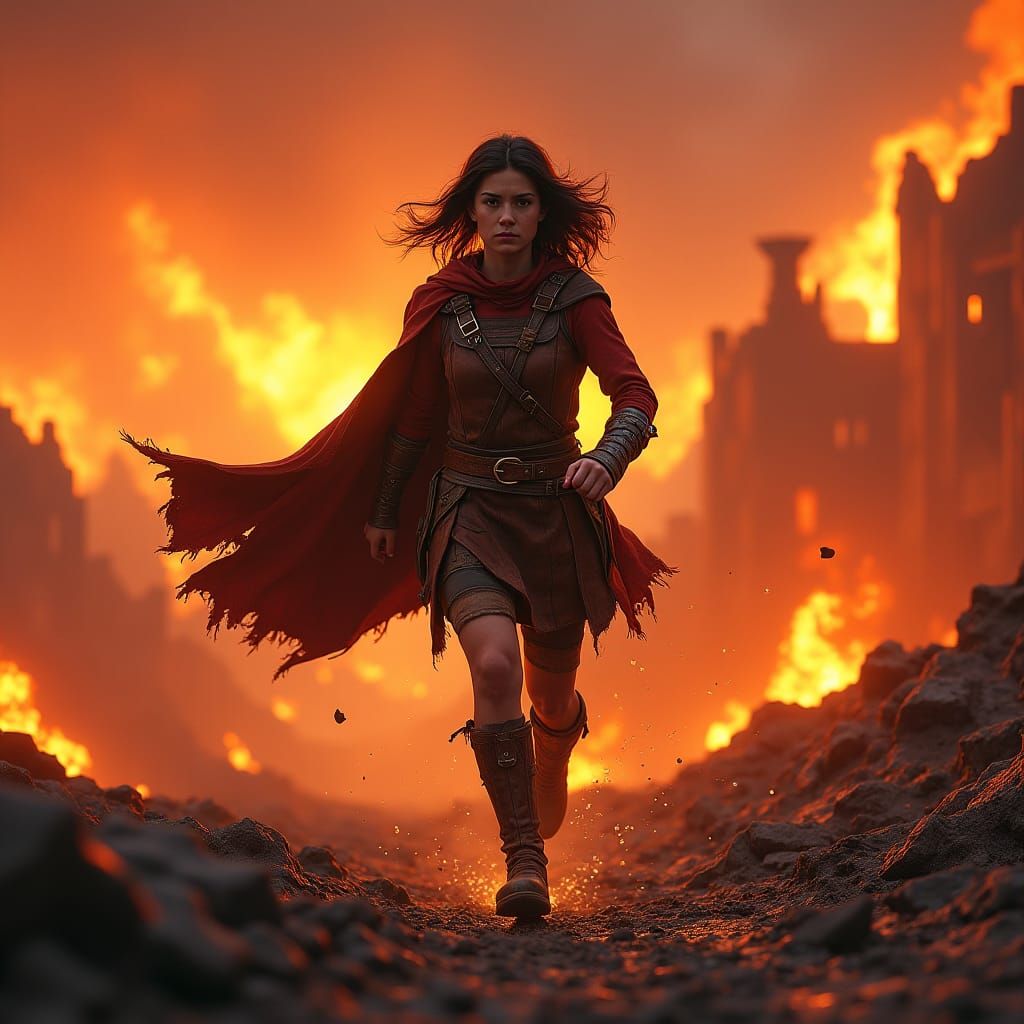 Lina Escapes Apocalyptic Firestorm: Cinematic Matte Painting