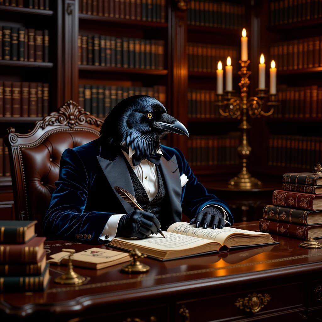 Raven Gentleman Writing Poem in Candlelit Library