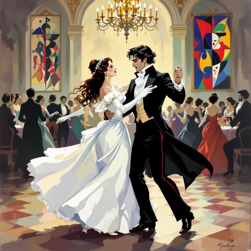 Vampire Couple Dancing in Gothic Ballroom, Classical Style