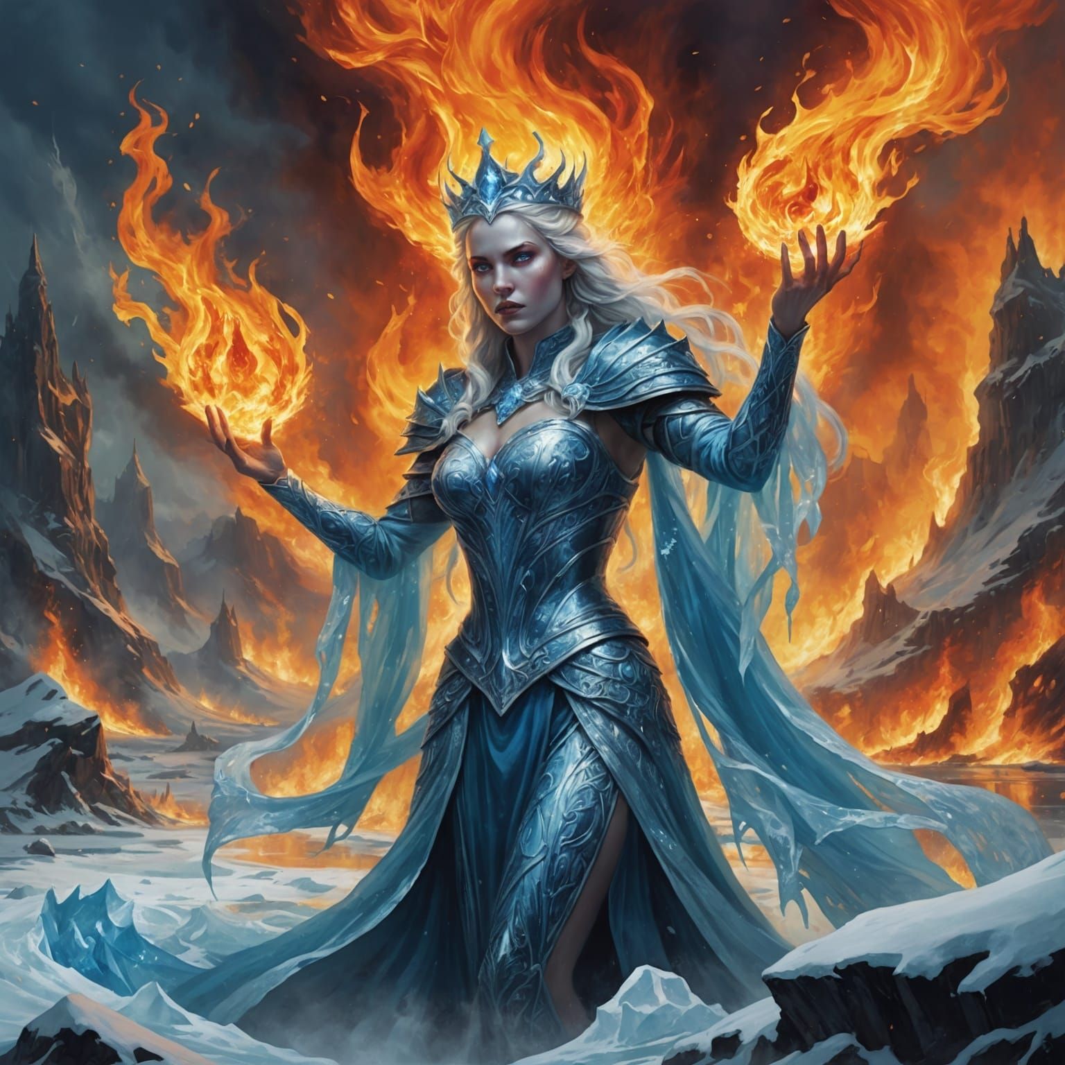 Ice Queen Conjuring Ice in Hellscape Painting