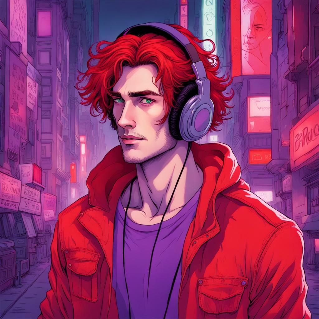 Cyberpunk Man with Red Hair in Neon City
