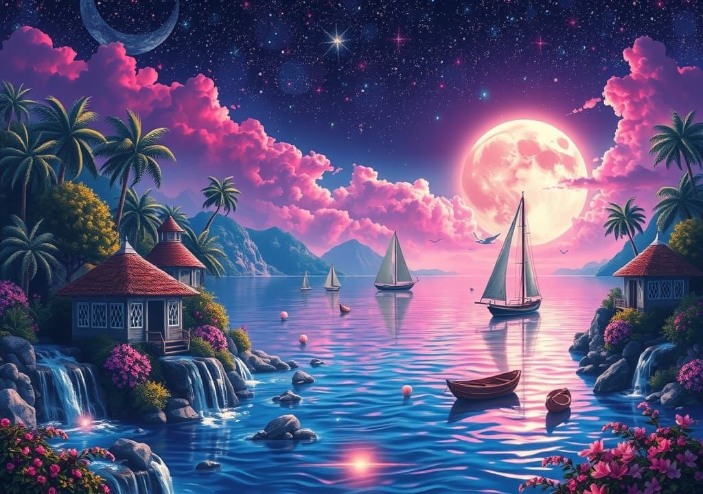 Enchanting Water-World Dreamland with Magenta Moon