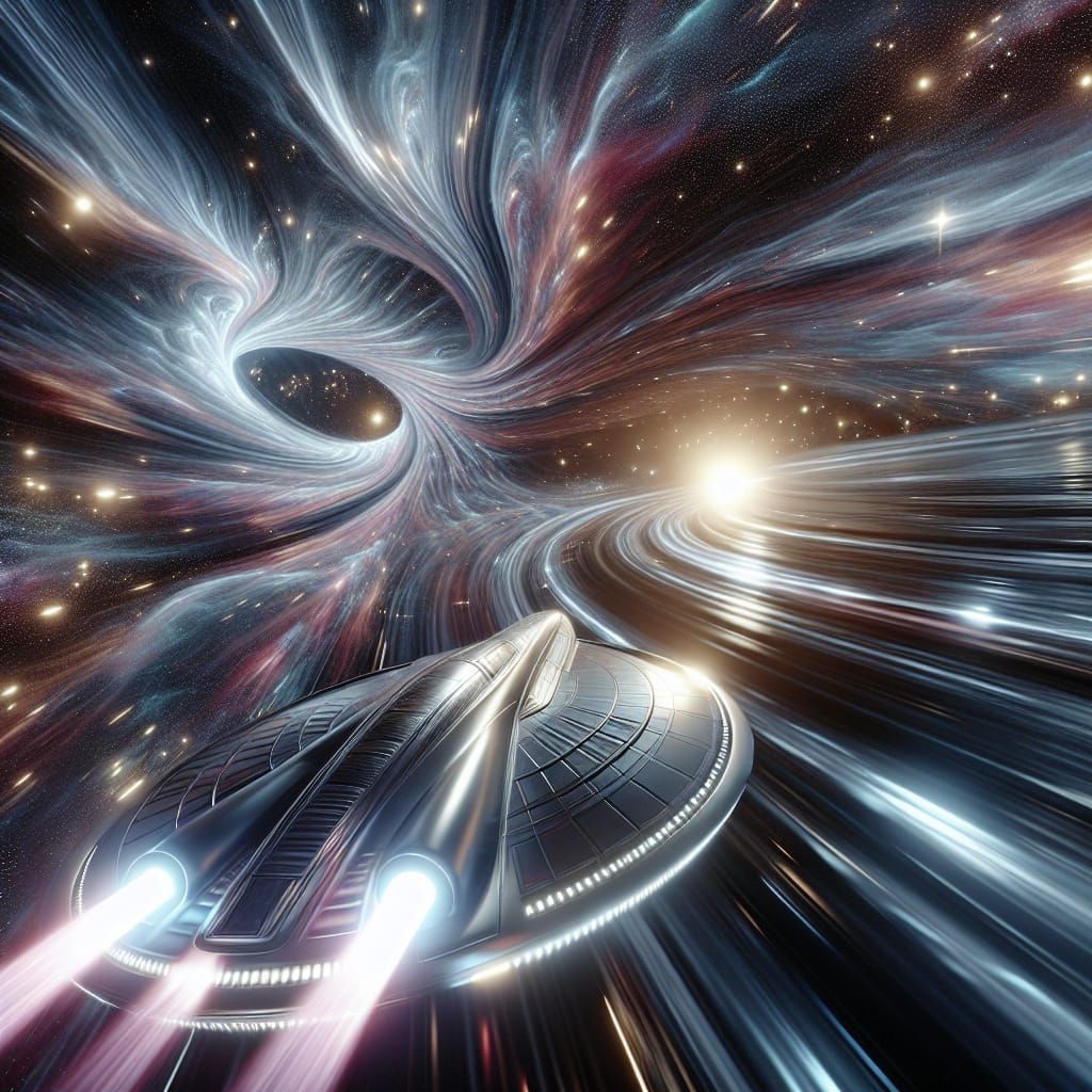 Glittering Silver Spaceship Pierces Hyperspace