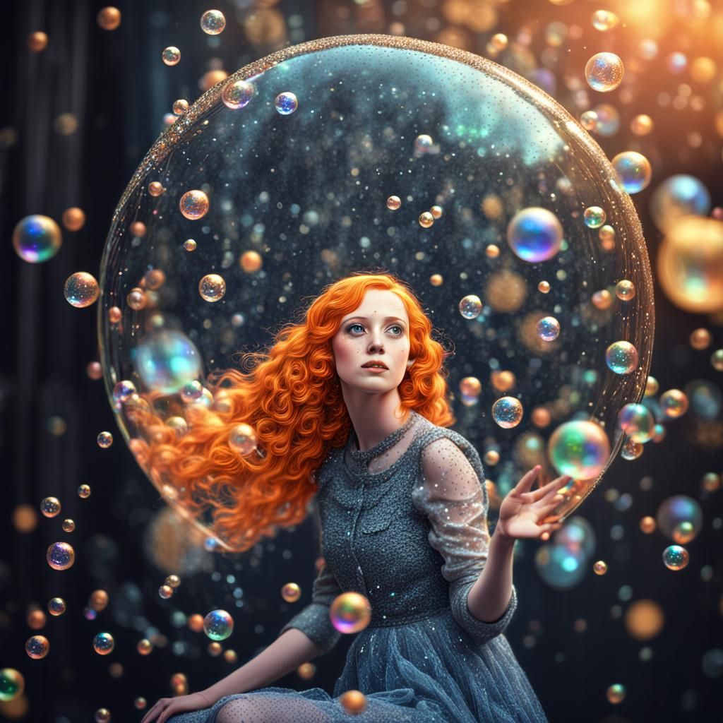 Orange Haired Woman Encased in Glittering Bubbles