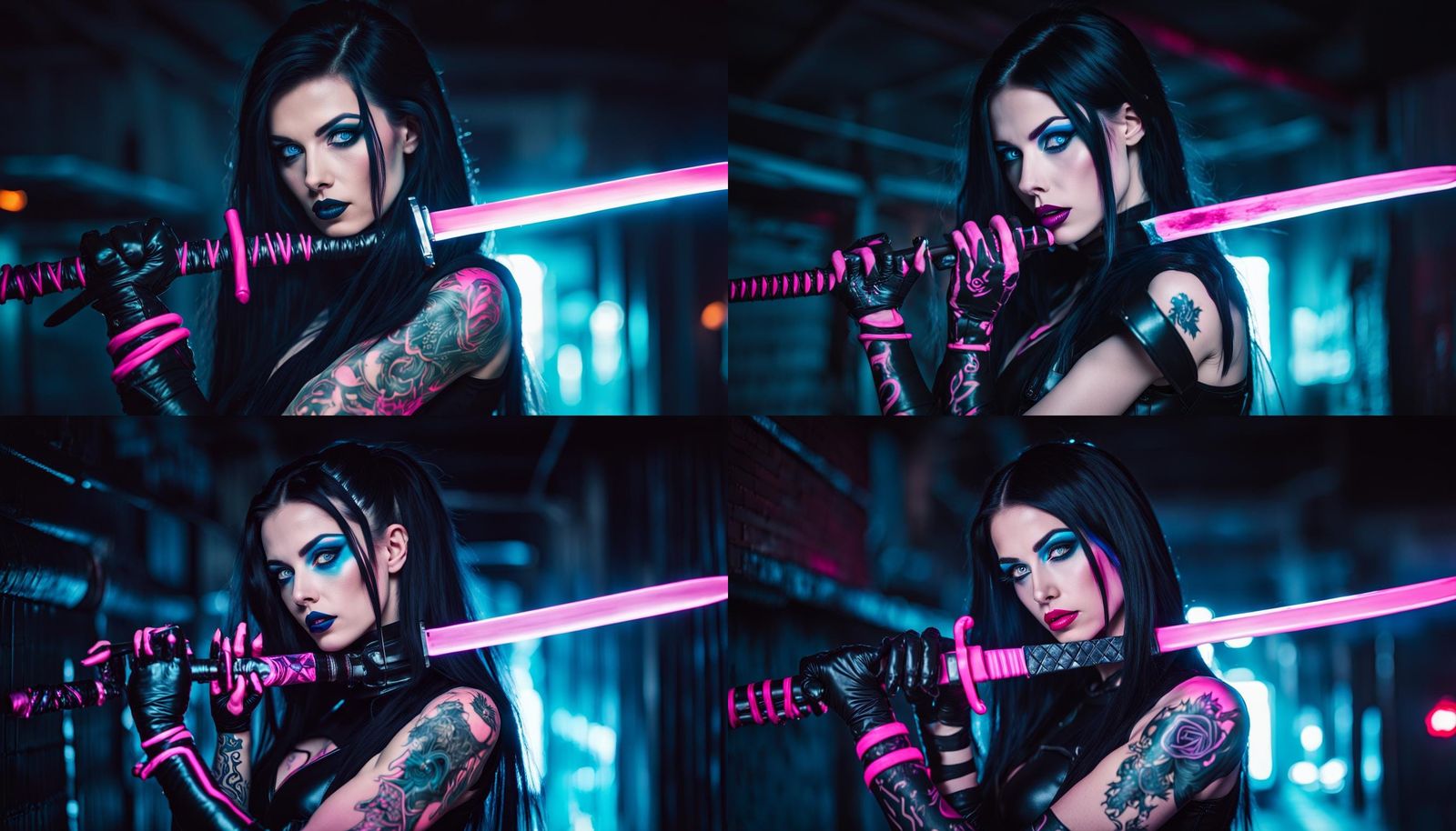 Cyberpunk Woman with Katana in Neon Alley