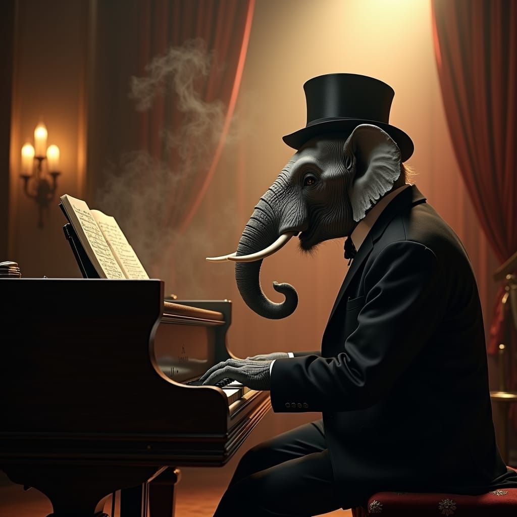 Elephant Jazz Pianist in 1940s Concert Hall