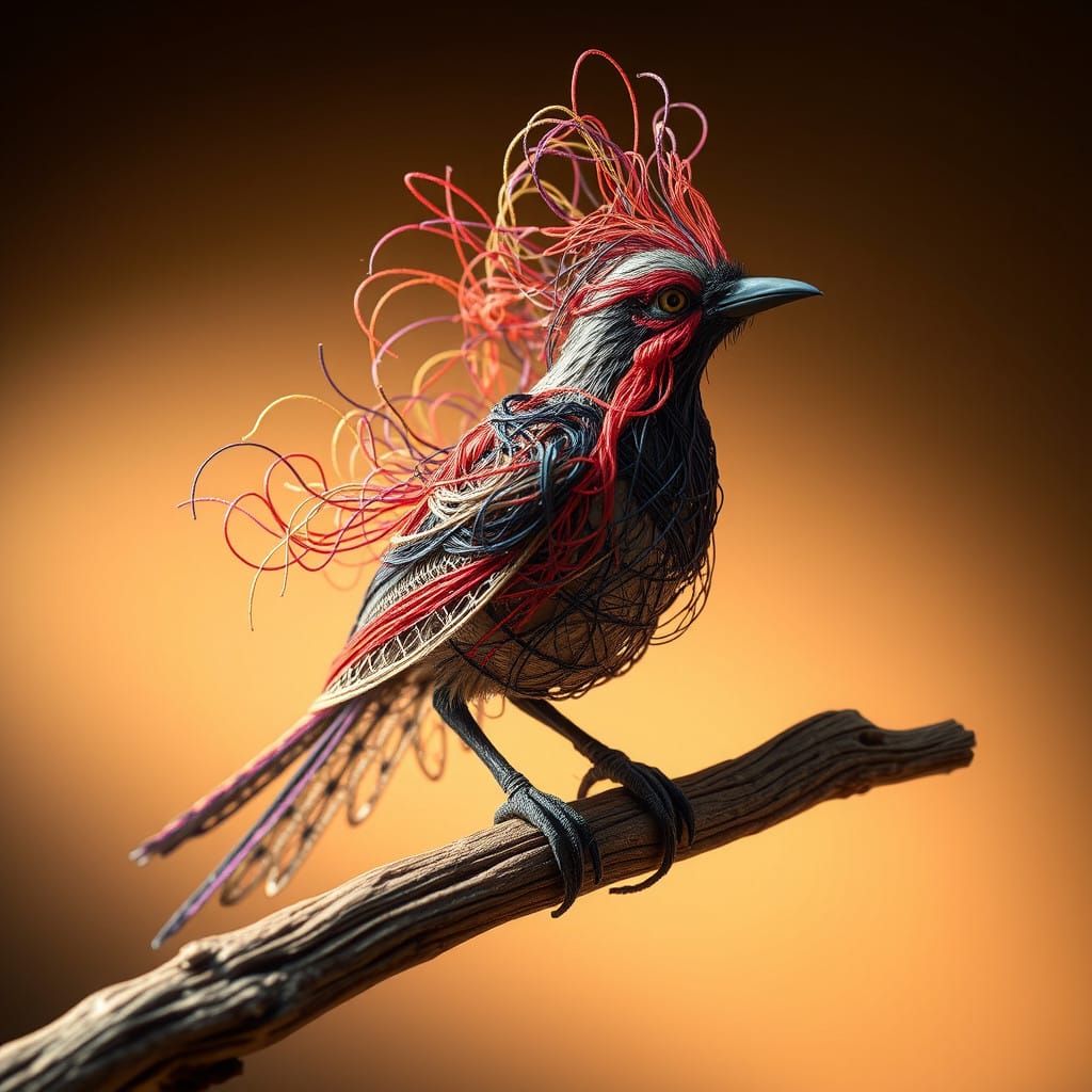 Intricate String Magpie in Whimsical Lighting