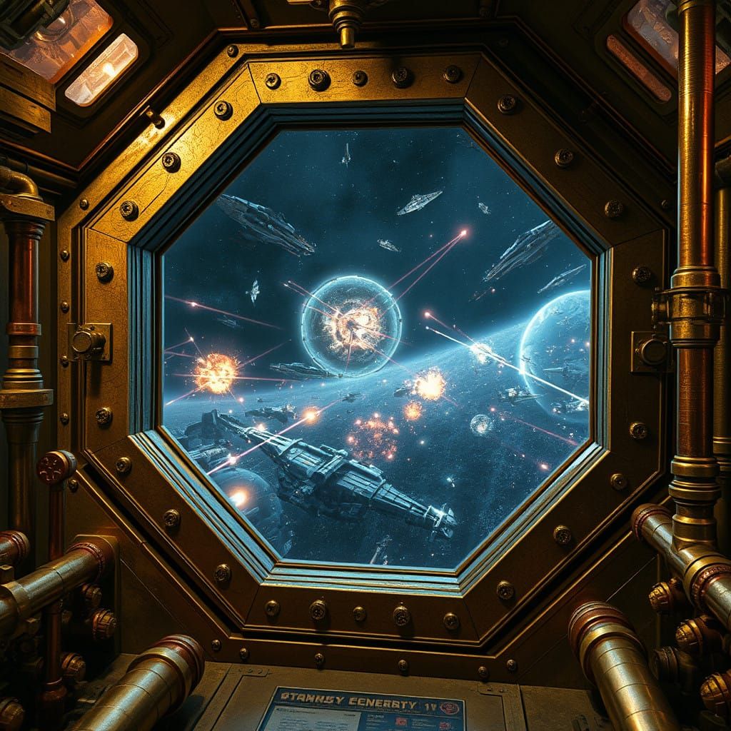 Epic Steampunk Space Battle Scene in Warm, Golden Tones