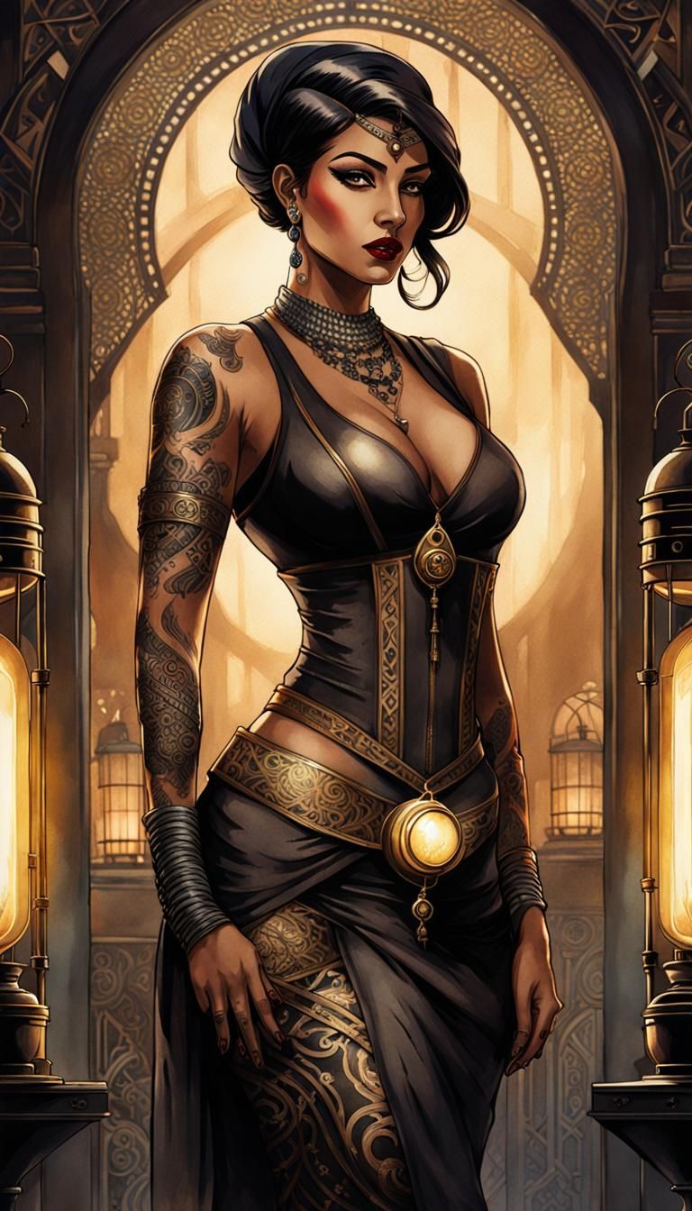 A Mysterious Dieselpunk Siren with Egyptian Tattoos in a Vic...