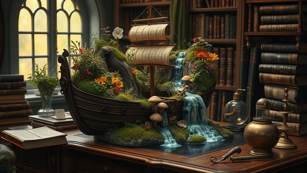 Miniature Ecosystem in Vintage Ship, Botanical Illustration