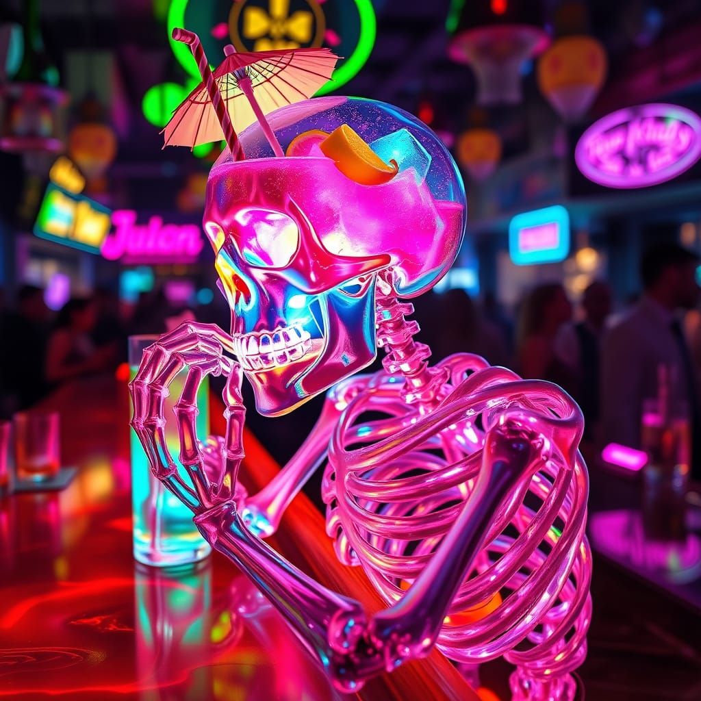 Crystal Skeleton Contemplates Neon Cocktail