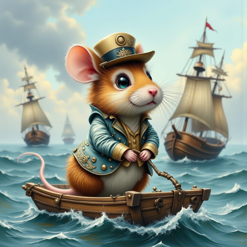 Shipwrecked Mouse in Ragged Shirt on Raft