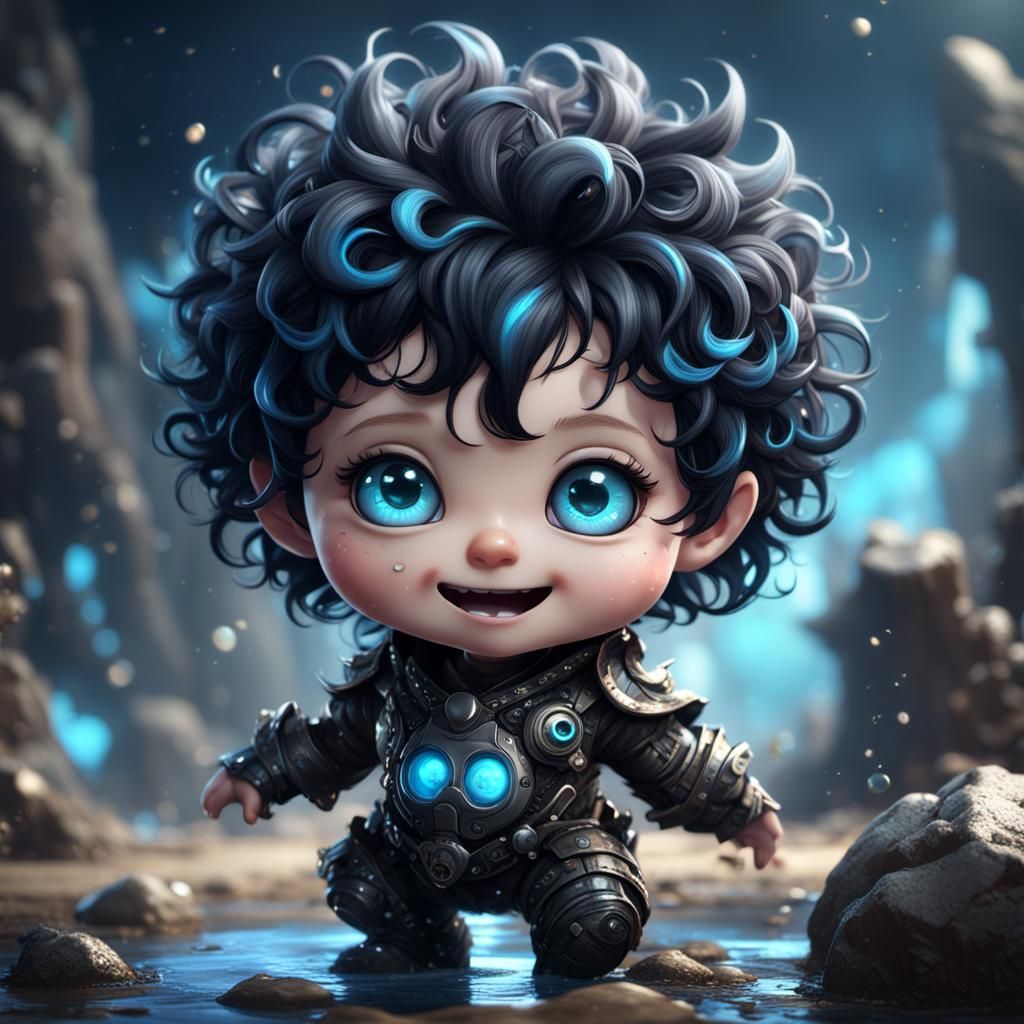 Chibi Baby with Curly Hair and Big Blue Eyes