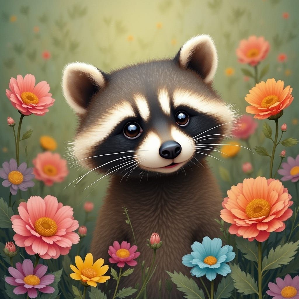 Raccoon Hidden Among Flowers, Whimsical Dreamscape