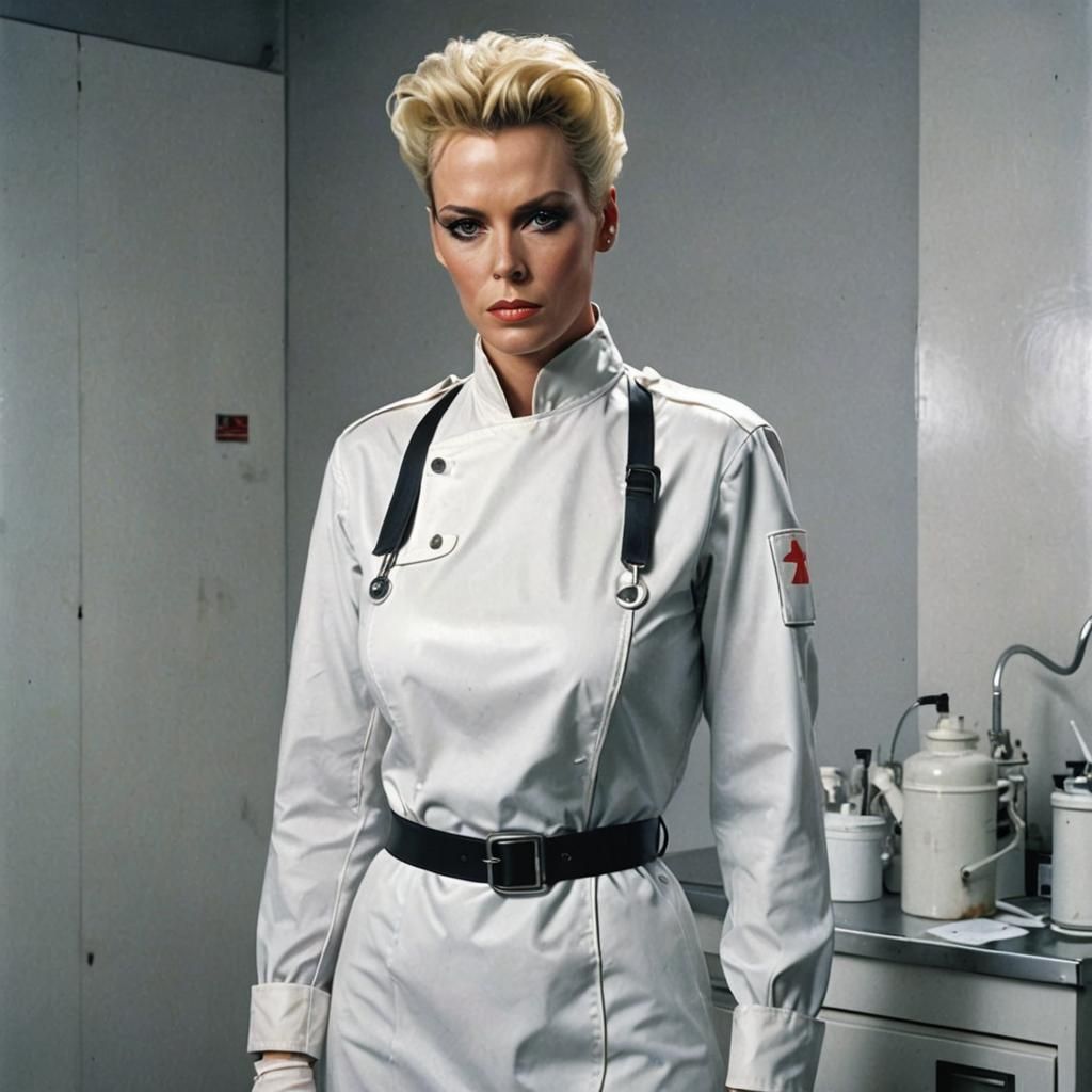 Full body picture of Brigitte Nielsen as a strict nurse.