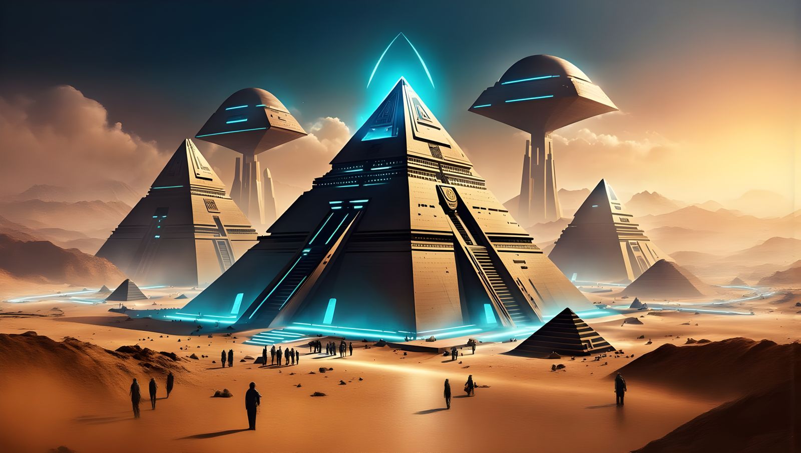 Futuristic Egyptian Pyramids in a High-Tech City