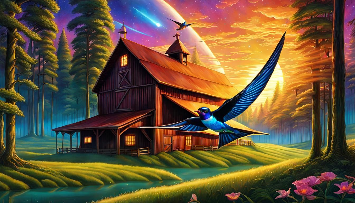 Barn Swallow Soaring Over Forest: Cosmic Steampunk Illustrat...