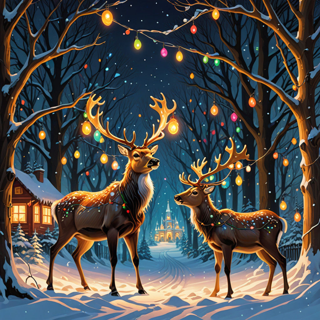 Whimsical Reindeer Tangle Christmas Lights in Snowy Forest