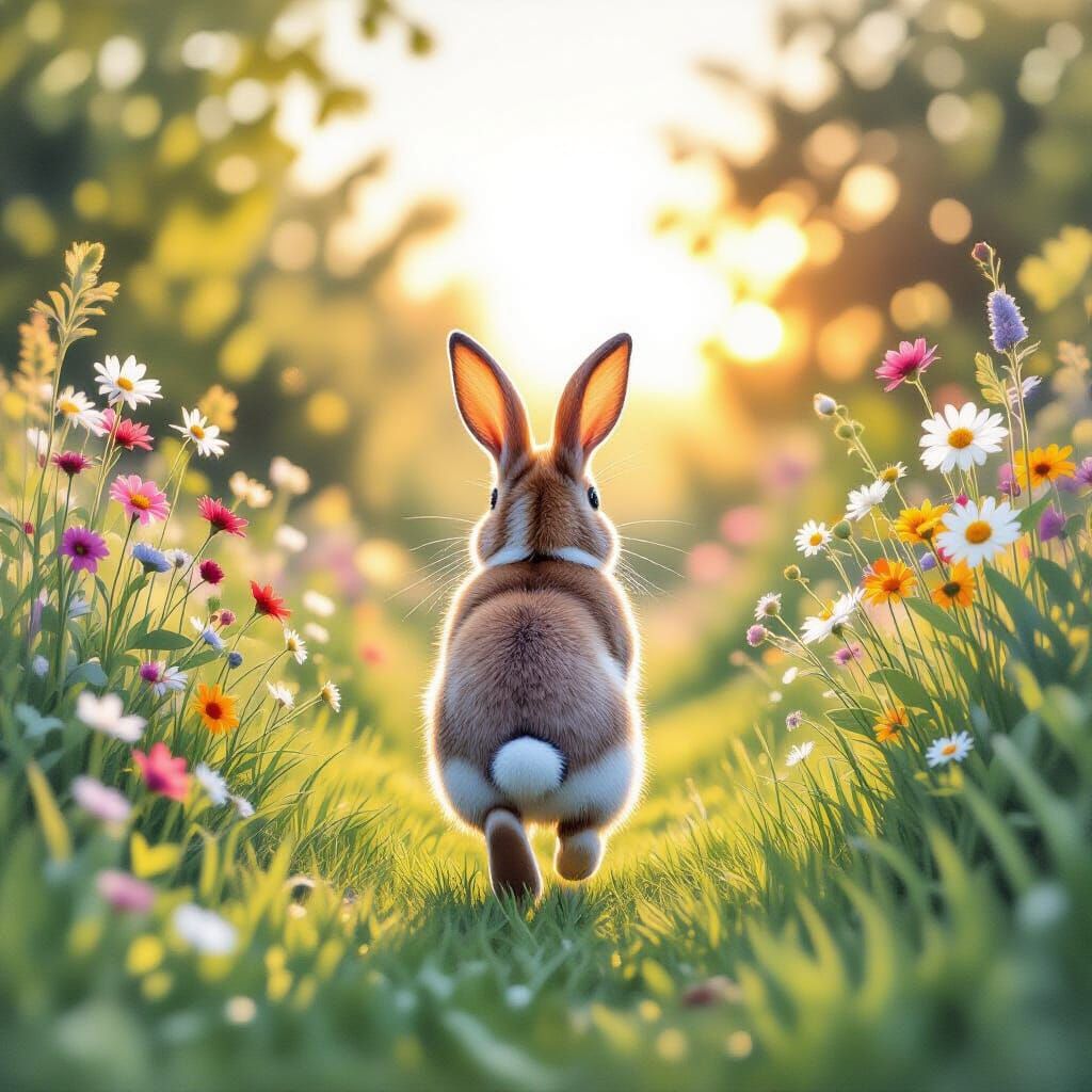 Rabbit Bounding Through Garden at Sunset in Watercolor Style