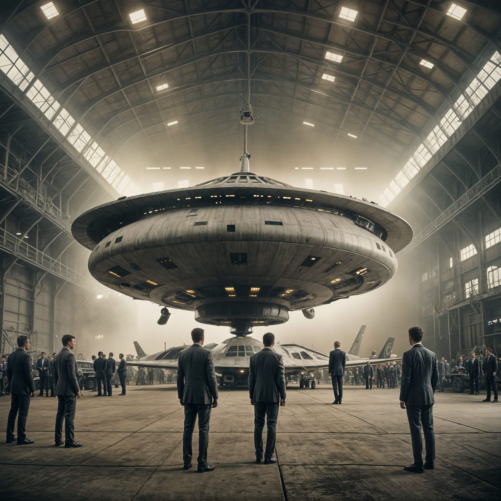 Vintage Flying Saucer in Hangar, Cinematic Film Still