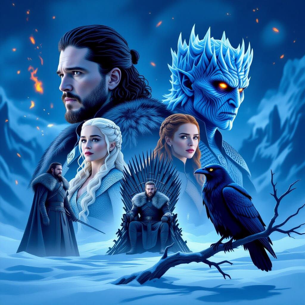 Game of Thrones Cover Art with Key Characters and Dragons