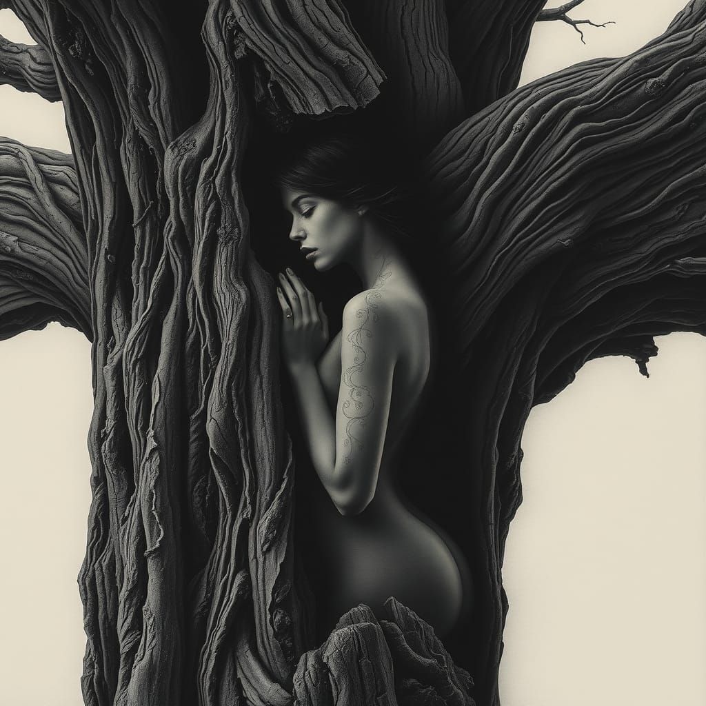 Woman and Tree in Charcoal Noir Style