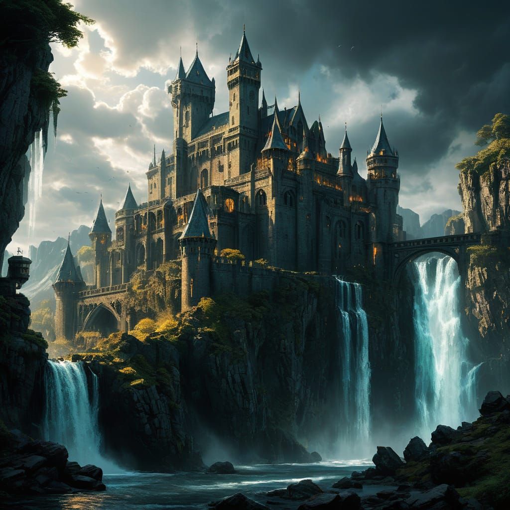Epic Fantasy Castle Amidst Misty Mountains