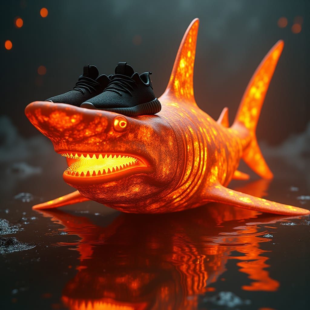 Lava Hammerhead Shark with Yeezy Shoes: Cinematic Film Still