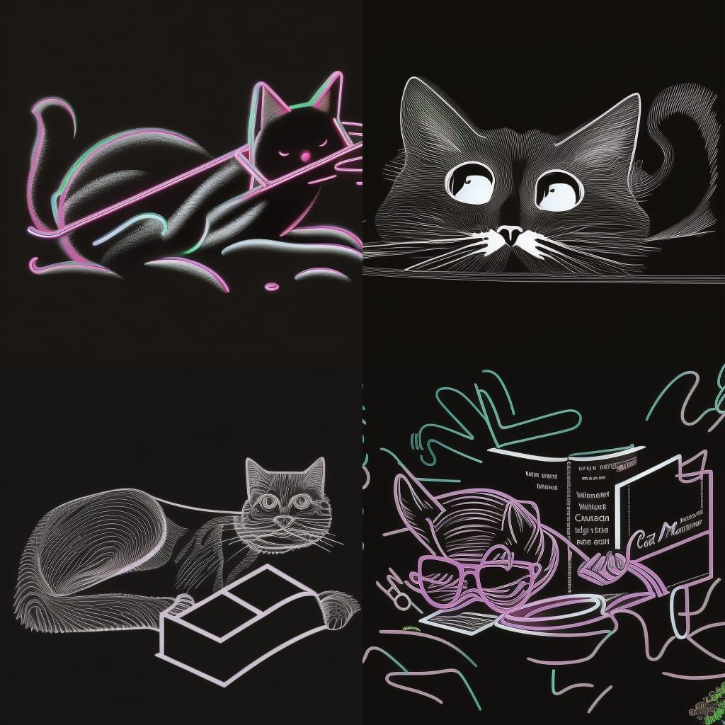Cat Reading Book in Vector Art with Neon Particles