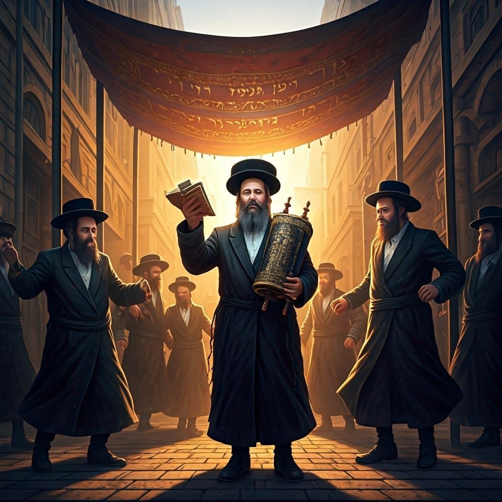 Hasidic Rabbi Under Canopy Holds Torah Scroll Amidst Joyful....