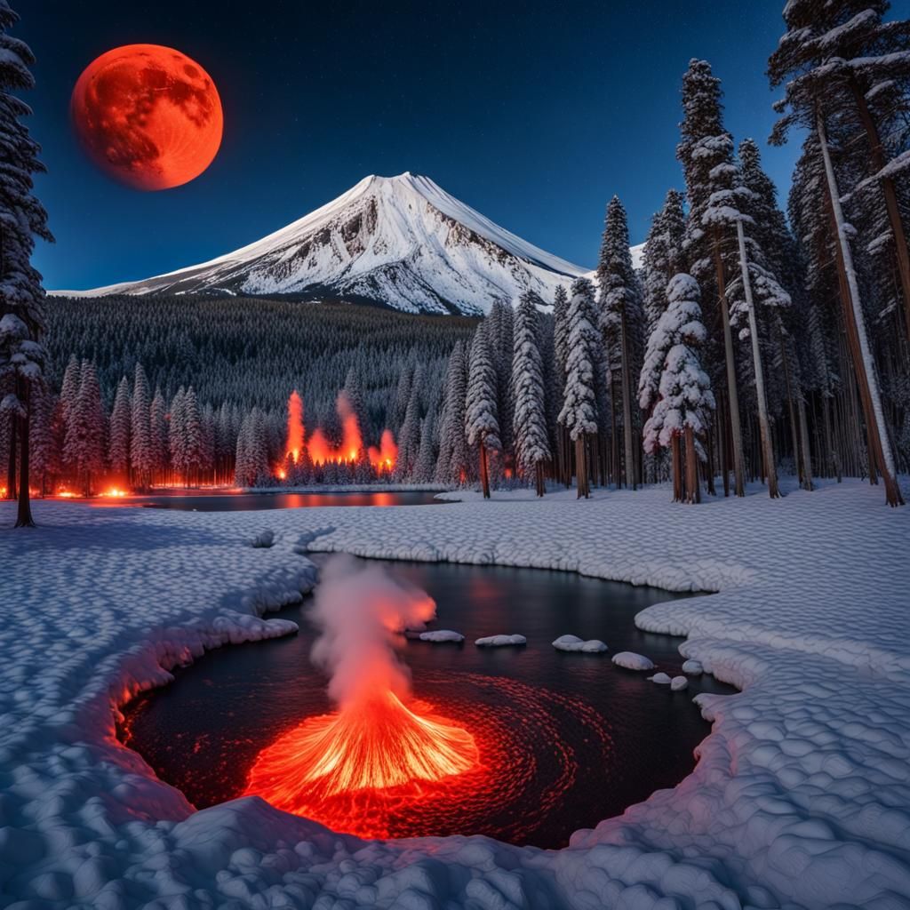 Eruptive Volcano at Night Over Frozen Lake