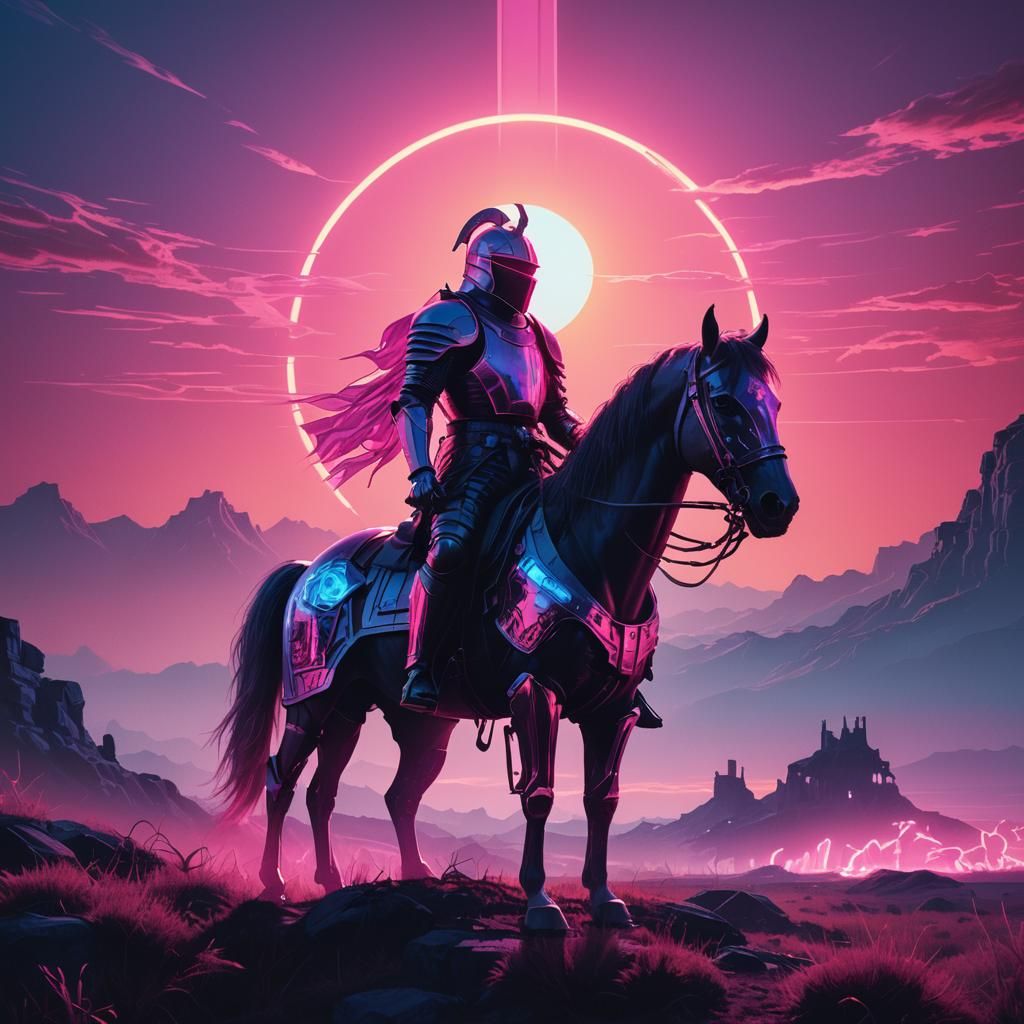 Neon Knight Rises: Synthwave Battlefield Scene