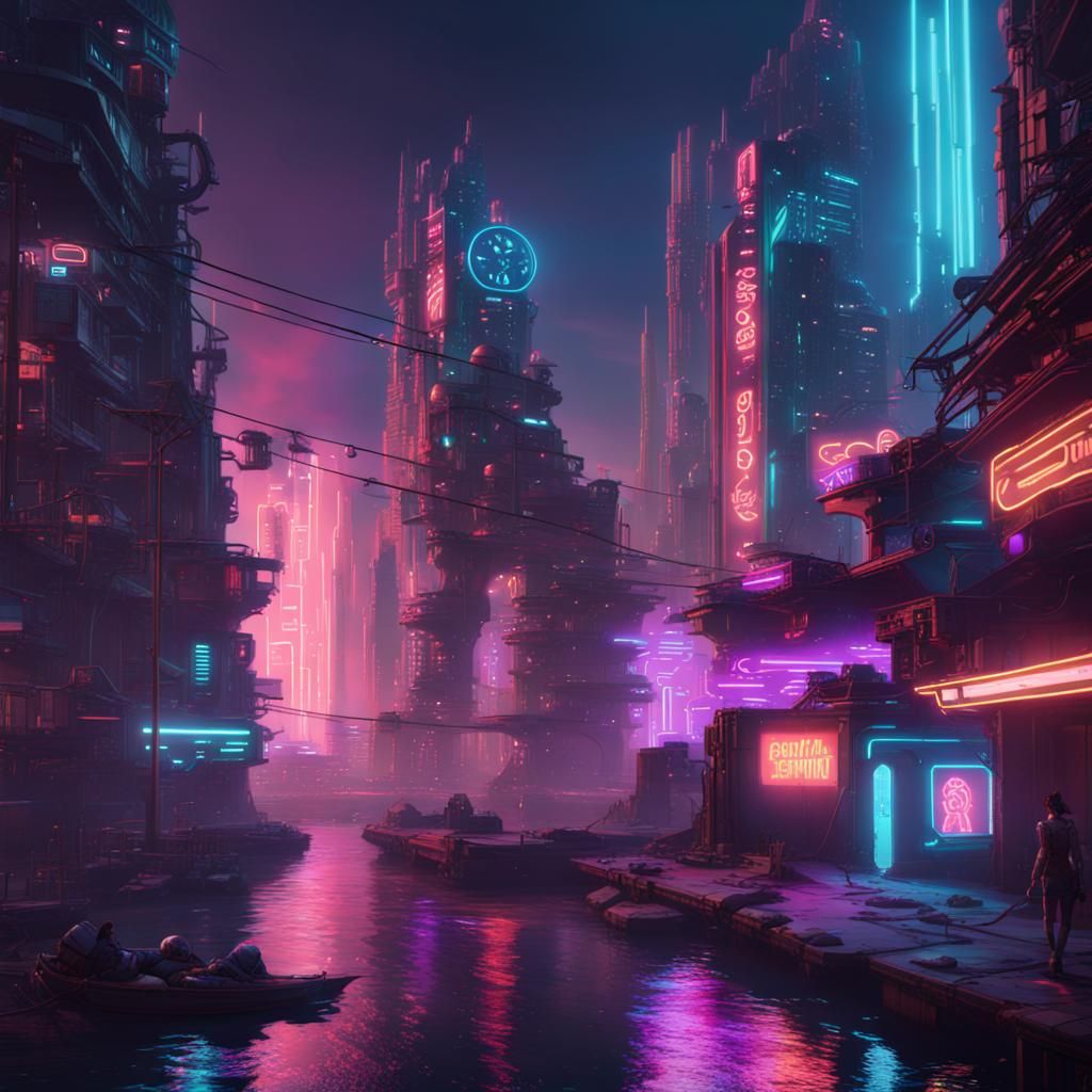 Coastal Cyberpunk City: Detailed Digital Matte Painting
