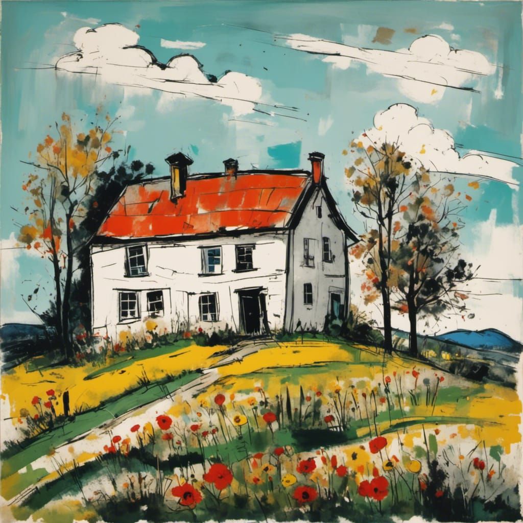 Farmhouse on a Hill in Pen and Ink