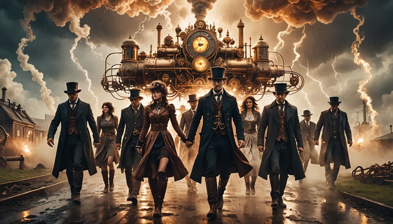 Steampunk People Walking in Magical Storm with Golden Light