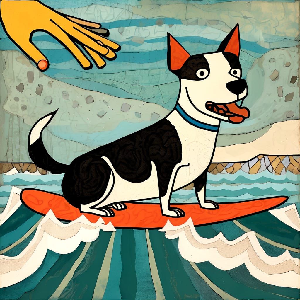 Dog Surfing in Mixed Media Style